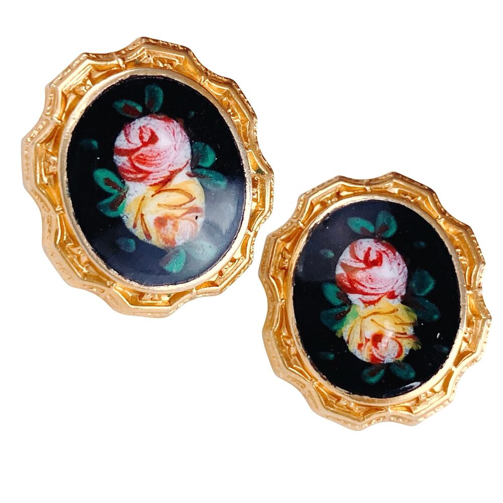 VTG 1950s Reverse Painted Glass Floral Screw Back Earrings Gold Tone